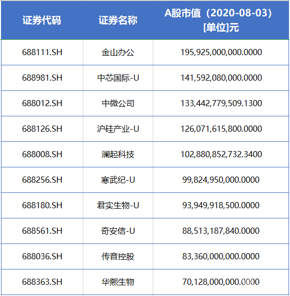 科创板公司市值十强